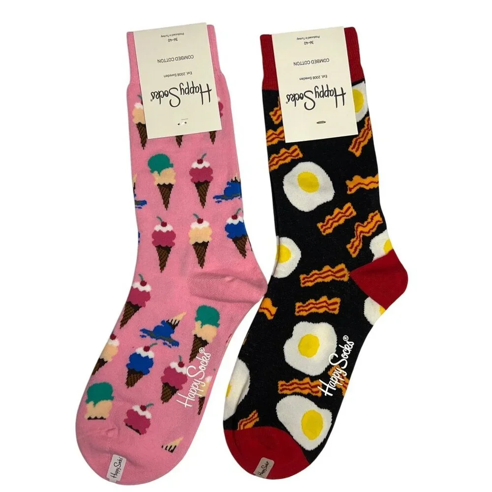 Happy Socks Crew Length Food Theme Eggs Bacon Ice Cream 2 Pair New Pink Black